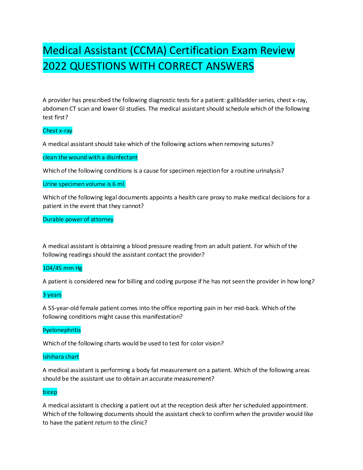 Preview image for Medical Assistant (CCMA) Certification Exam Review 2022 QUESTIONS WITH CORRECT ANSWERS